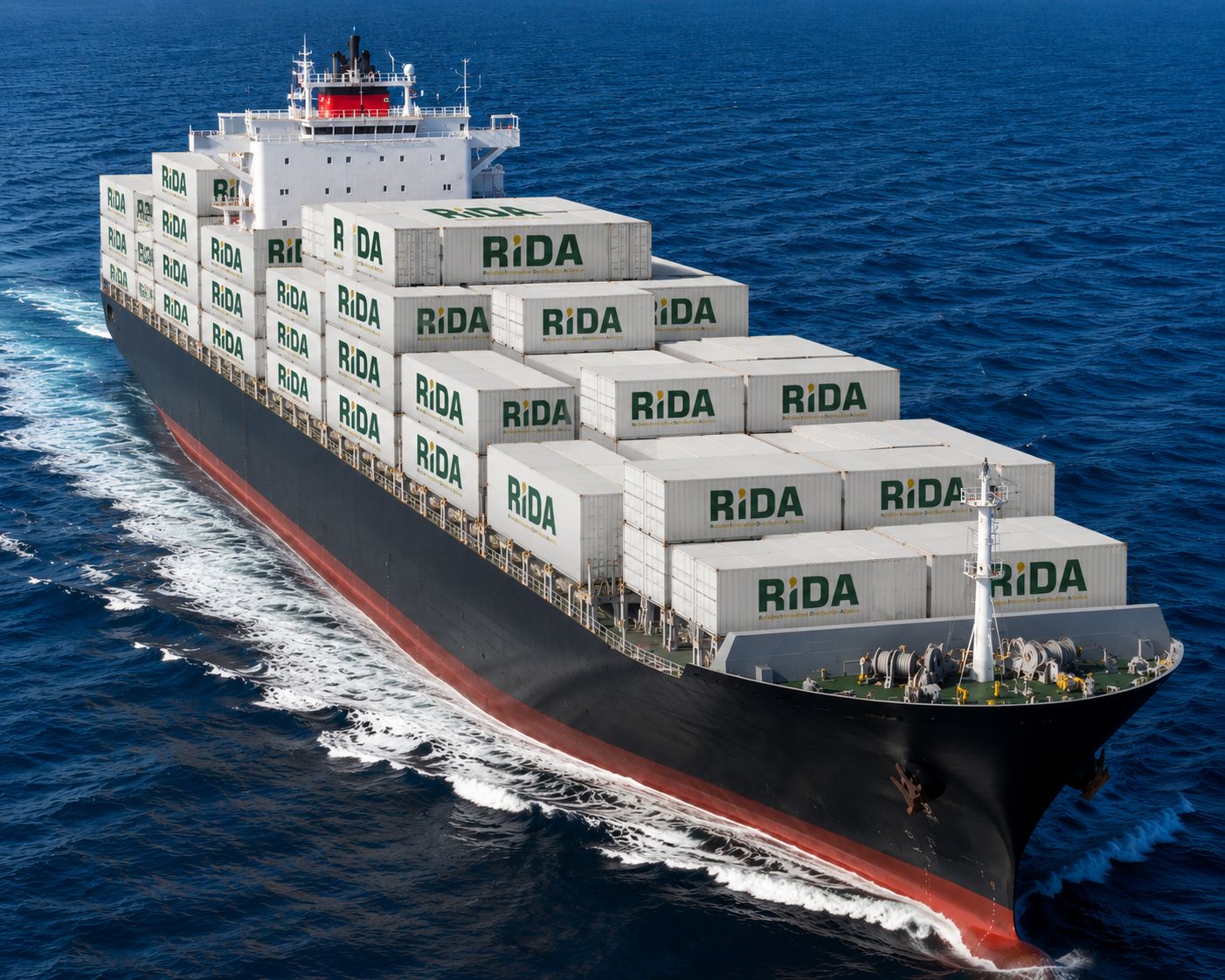 R i D A-branded container ship carrying cargo across the sea