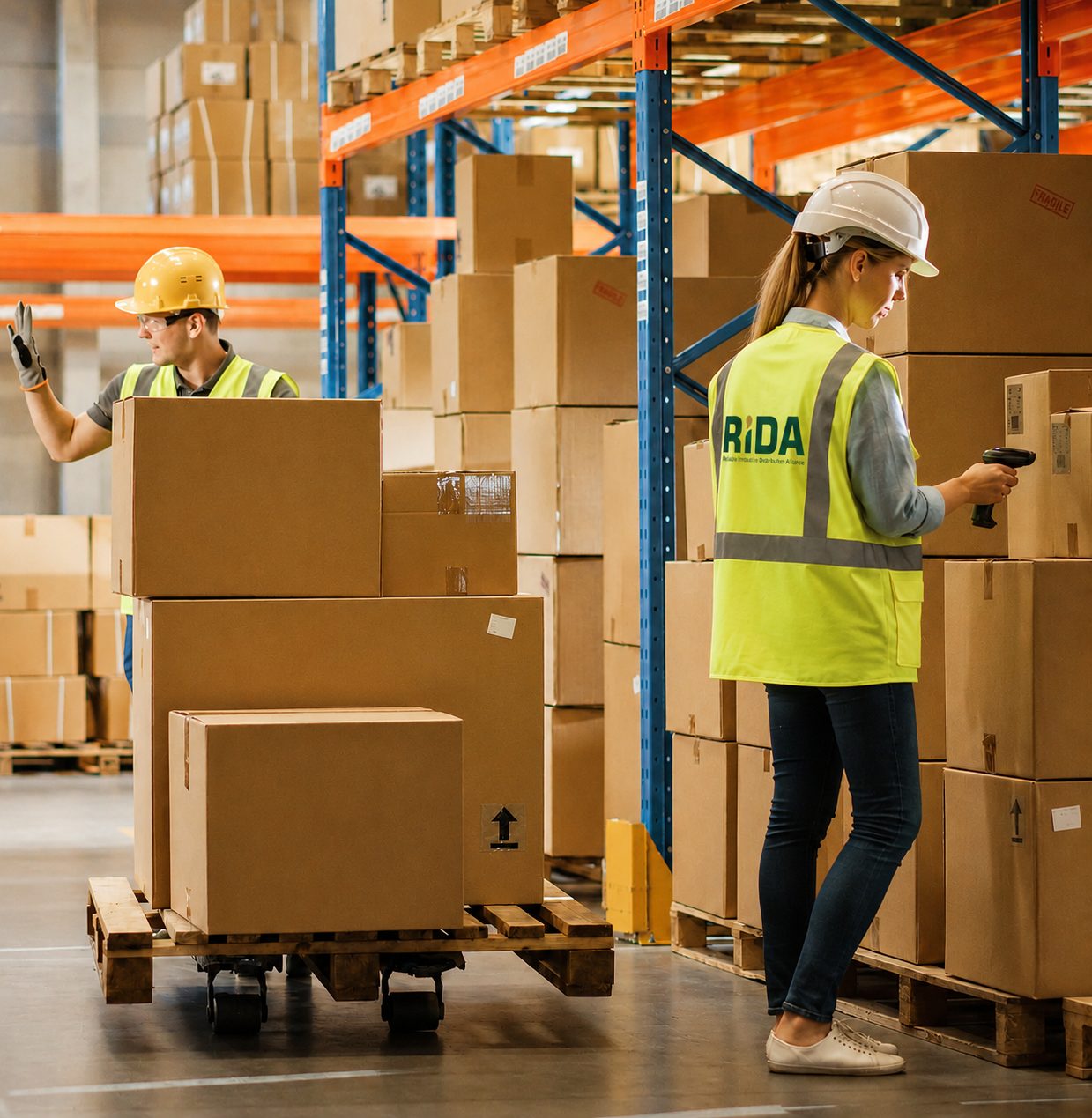 Modern FMCG distribution warehouse with stocked racks